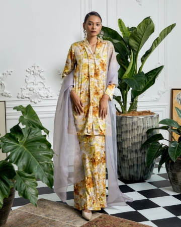 Lana Yellow Floral Printed Long Kebaya & Skirt Set