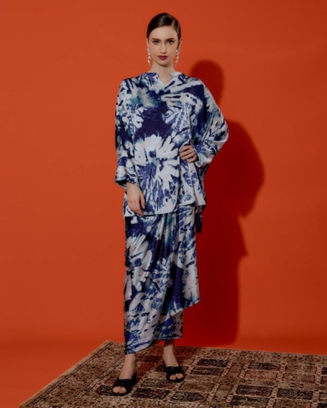 Nilam Blue Water Colour Printed Blouse & Pario Skirt Set