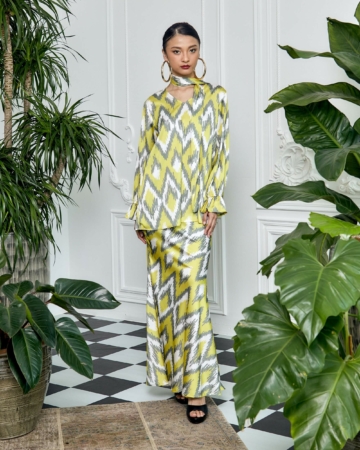 Wardina Yellow Ikat Printed Blouse & Skirt